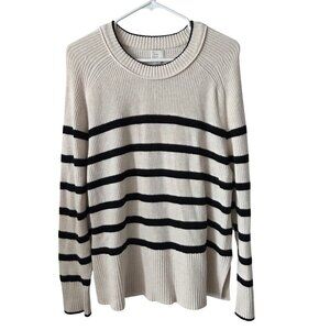 A New Day Womens XL Striped Beige Black Ribbed Knit Sweater Side Slit Cozy